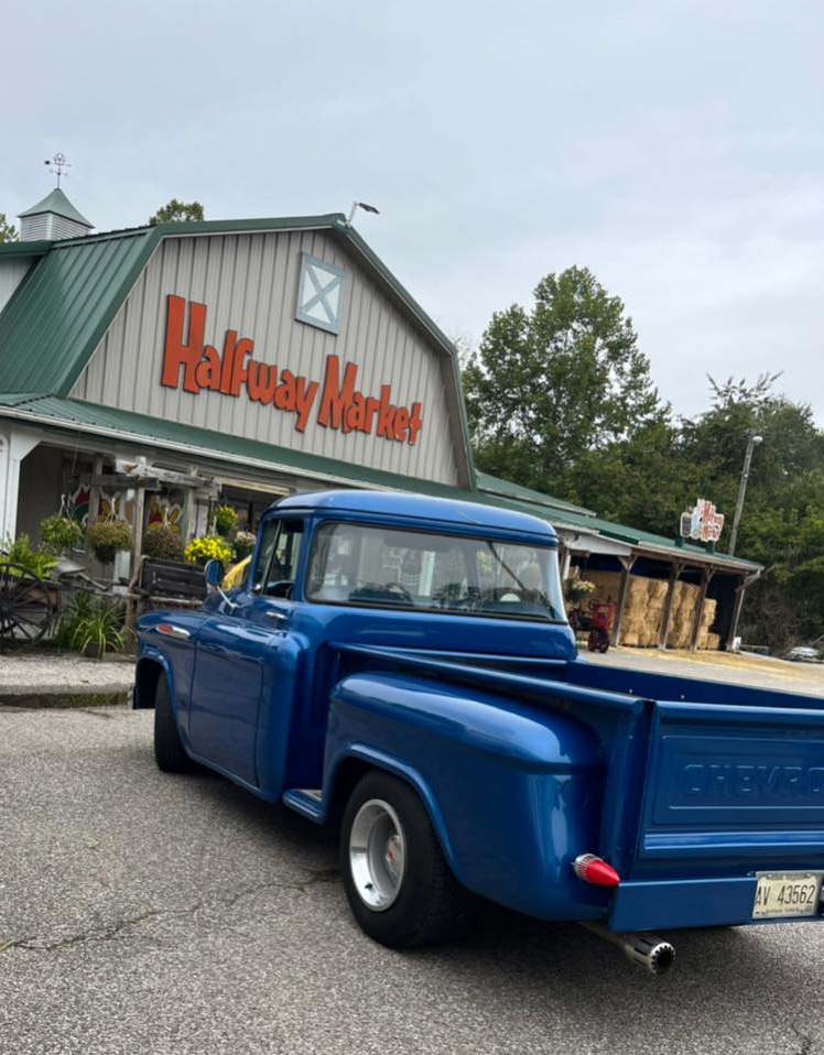 Outside of Halfway Market with Old Fashioned Blue Pickup parked outside